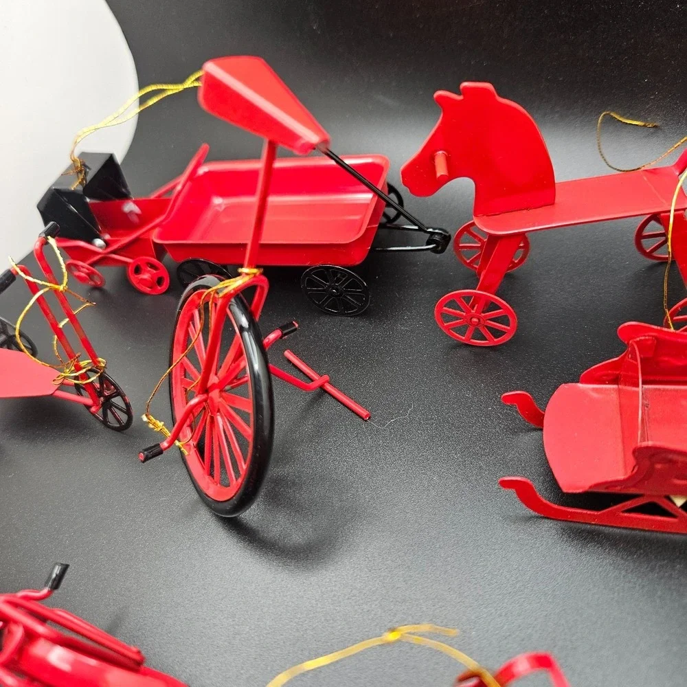 Vintage Red Metal Miniature Vehicles & Sled Christmas Ornaments Lot of 11 Taiwan